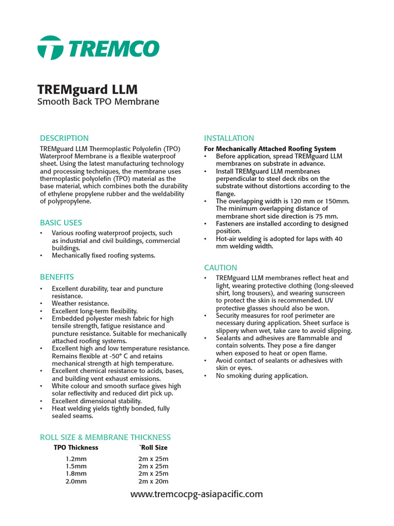 TREMguard LLM TPO Waterproof Membrane | PDF | Welding | Construction