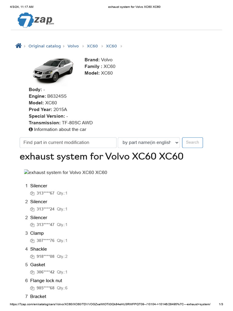 Volvo XC60 Exhaust System Parts List | PDF | Car | Motor Vehicle