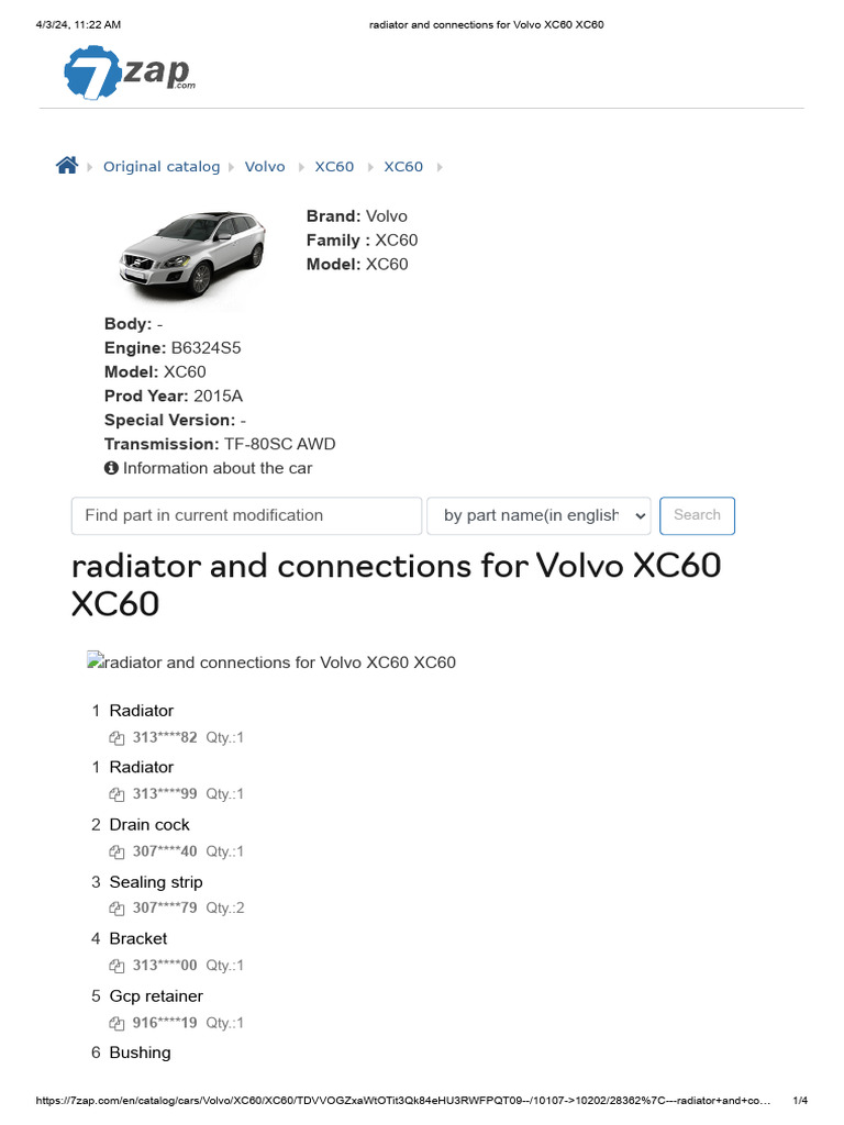 Volvo XC60 Radiator Parts List | PDF | Motor Vehicle | Automotive Industry