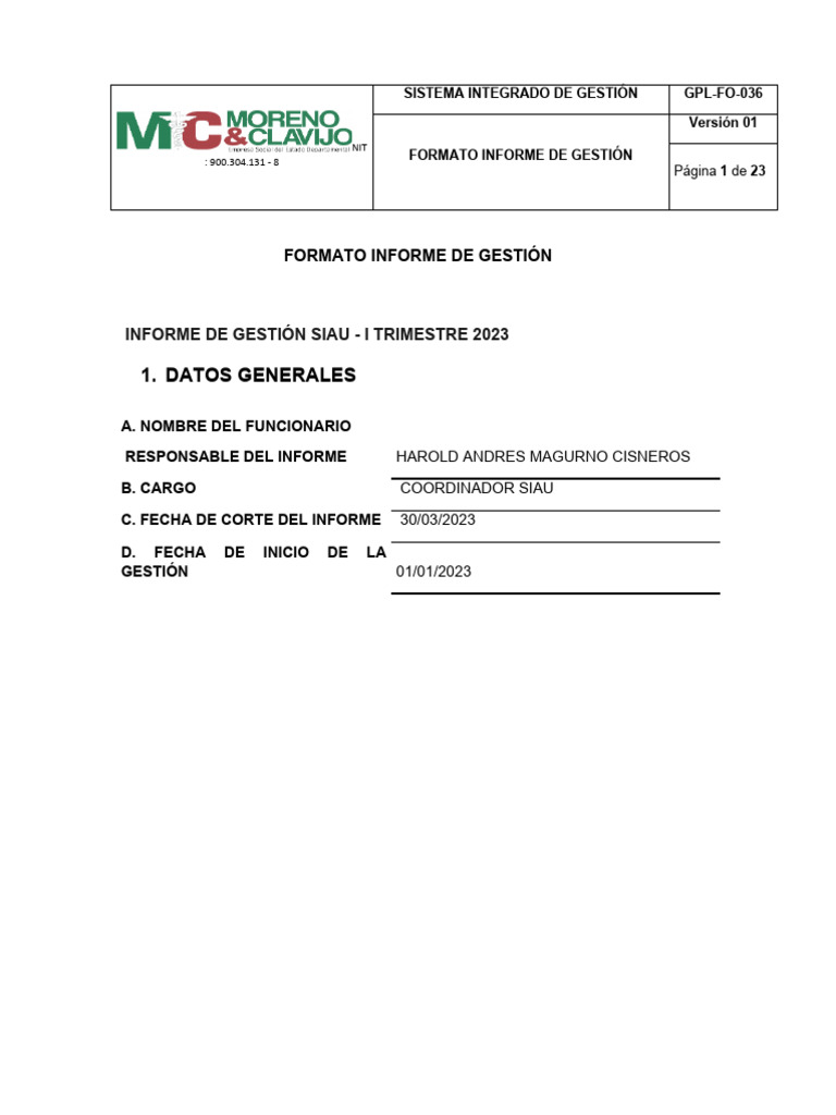Informe de Gestión SIAU I Trimestre 2023 | PDF | Hospital