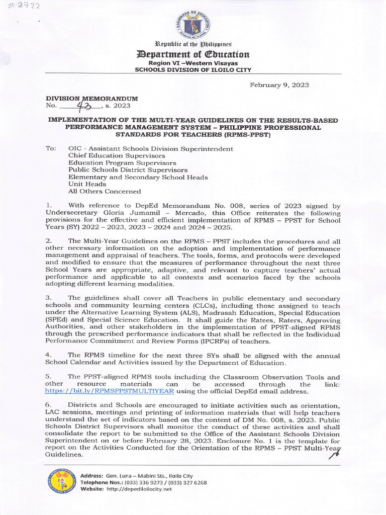 2023dm043 implementation of the multiyear guidelines of the rpms ppst