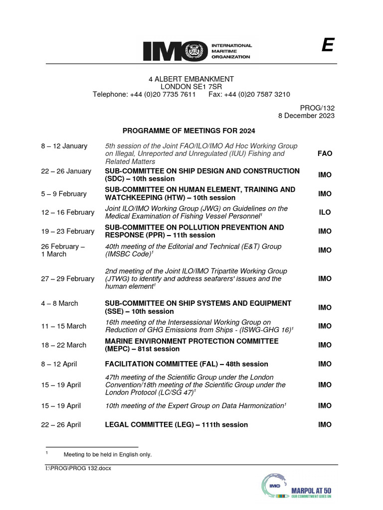 2024 Meetings Schedule for IMO Events | PDF | Environmental Law | Oceans