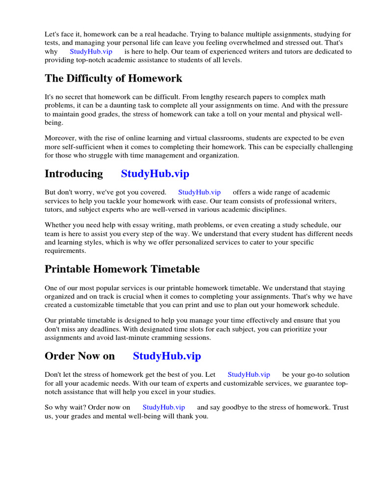 Homework Timetable Printable | PDF | Homework | Worksheet