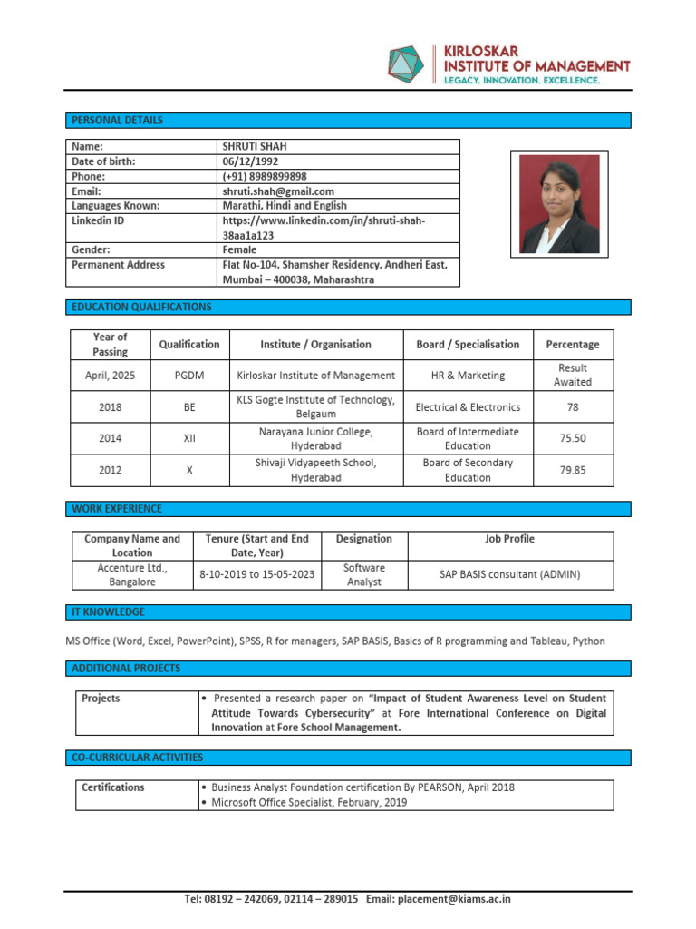 Business Immersion (Internship) CV - Filled in Sample | PDF