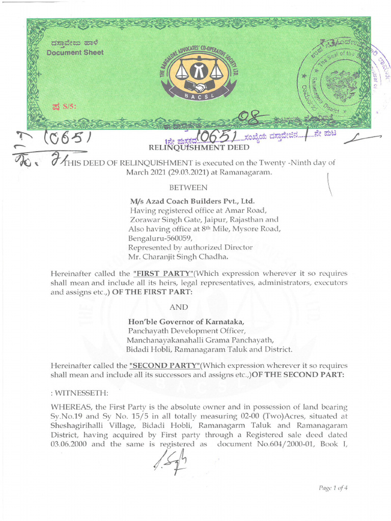 Relinquishment Deed For Road Sy No.19 | PDF