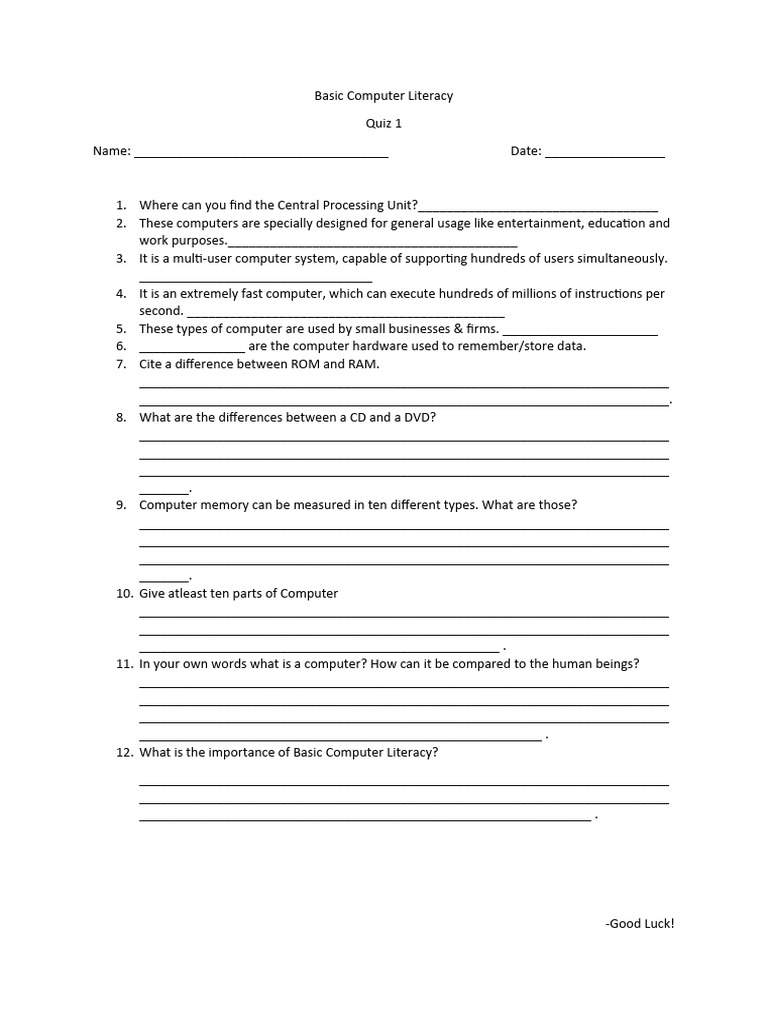 Basic Computer LiteracyQuiz 1 PDF Computer Science Computer Hardware