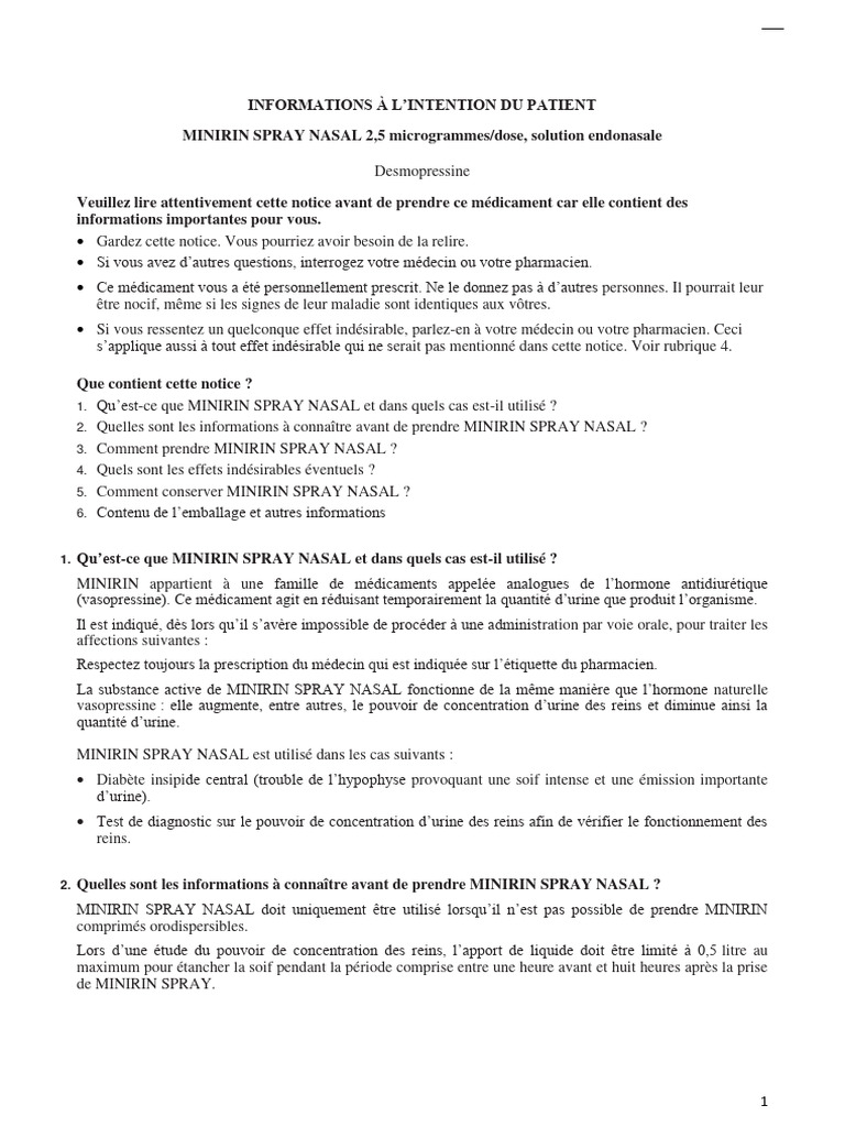 Minirin Spray Nasal : Indications et Posologie | PDF | Urine | Médecine ...