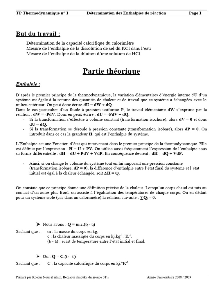 Enthalpies de Réaction en Calorimétrie | PDF | Enthalpie | Chaleur