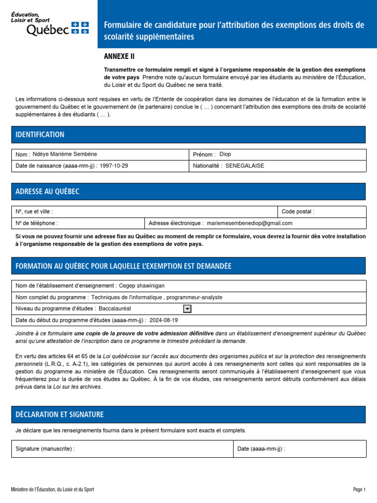 Demande d'exemption de droits de scolarité | PDF | Québec
