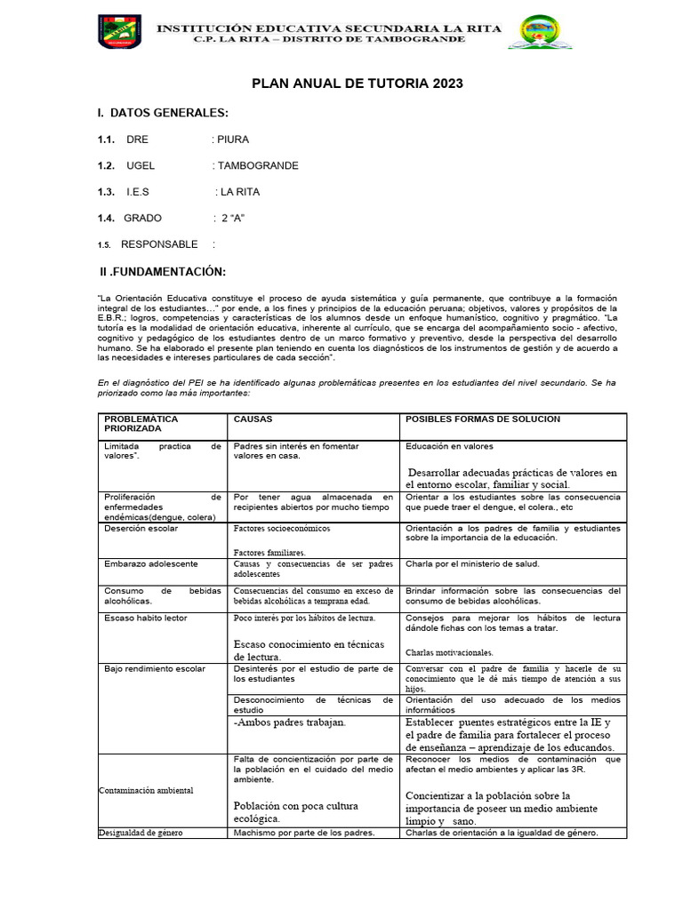 Plan Anual de Tutoria 2do 2023 | PDF | Las emociones | Autoestima