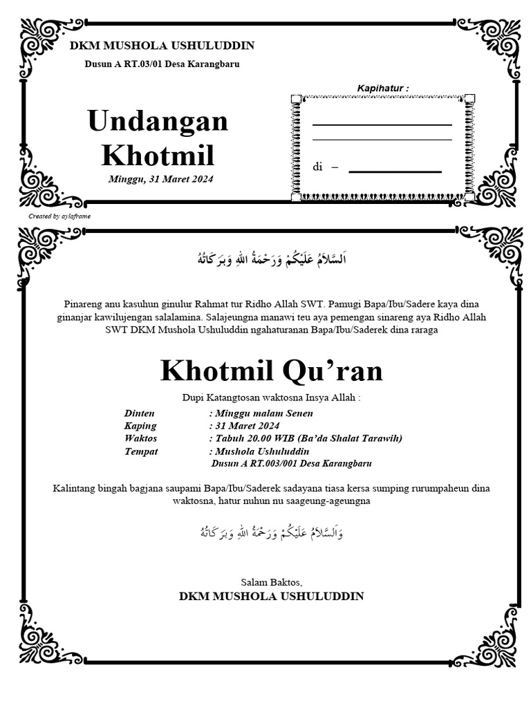 Undangan Khotmil Quran Mushola Ushuluddin 2024 | PDF