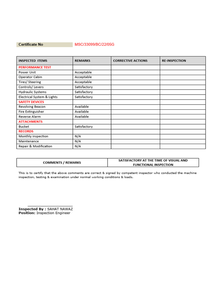 Skid Steer Loader Inspection Certificate | PDF | Loader (Equipment)