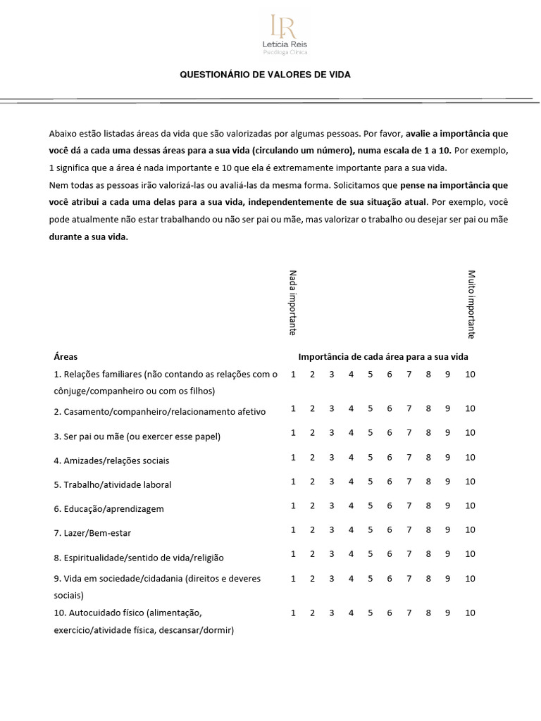 Avaliação de Valores de Vida | PDF | Casamento | Família