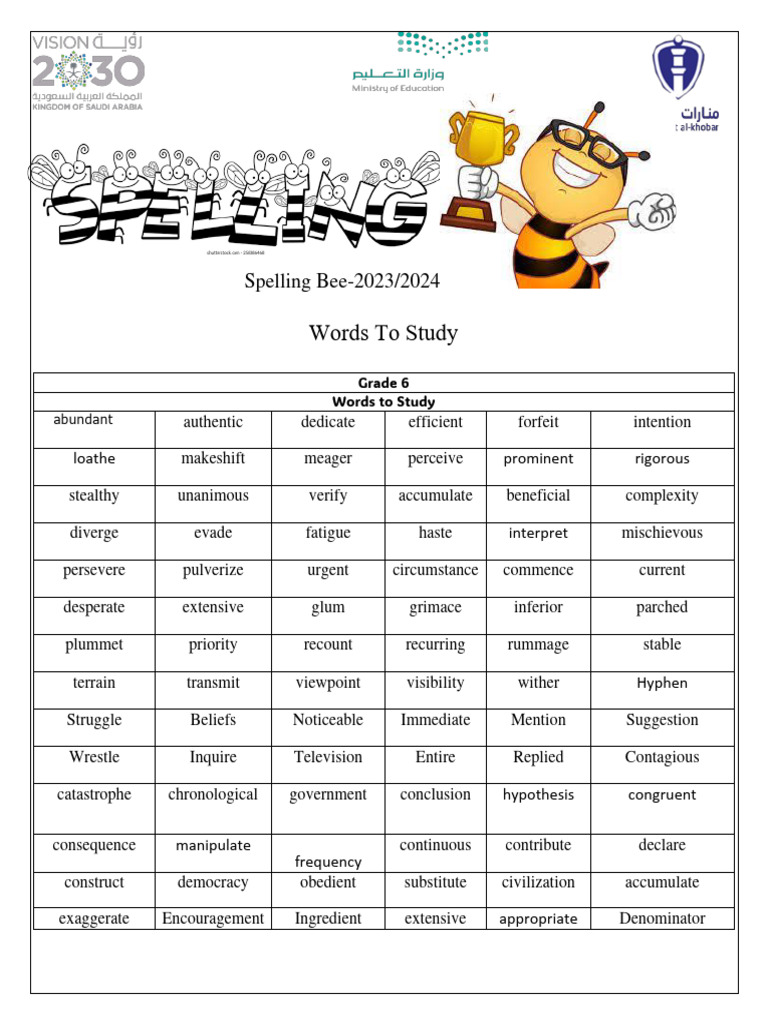 Grade 6 Spelling Bee Word List 2024 | PDF
