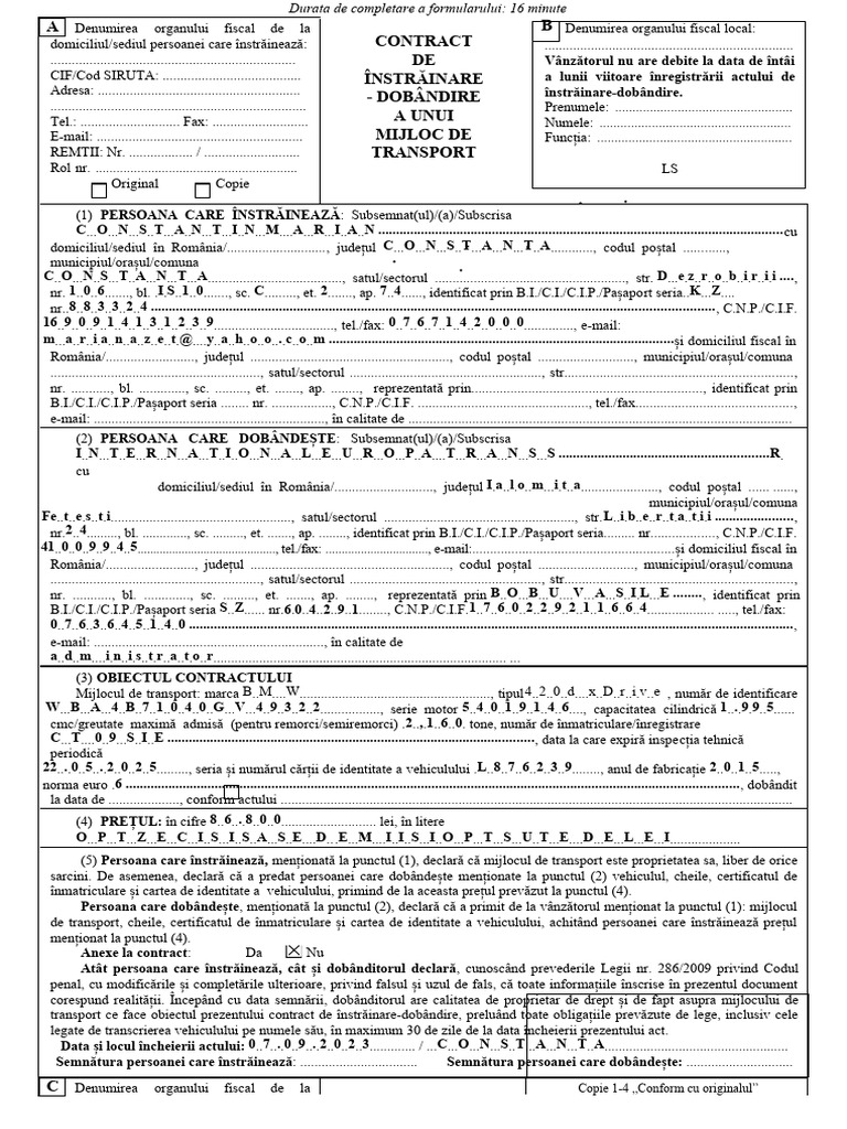 Contract Vanzare Auto Model Editabil | PDF