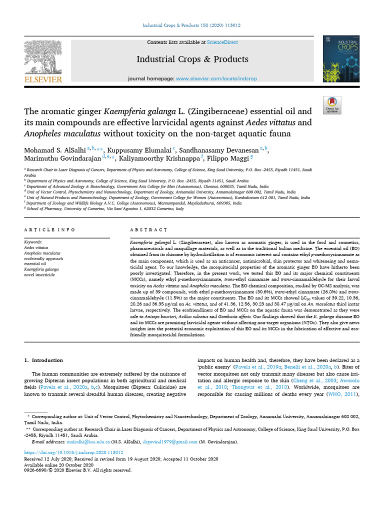 Kaempferia galanga Essential Oil as Eco-Friendly Mosquitocide | PDF ...