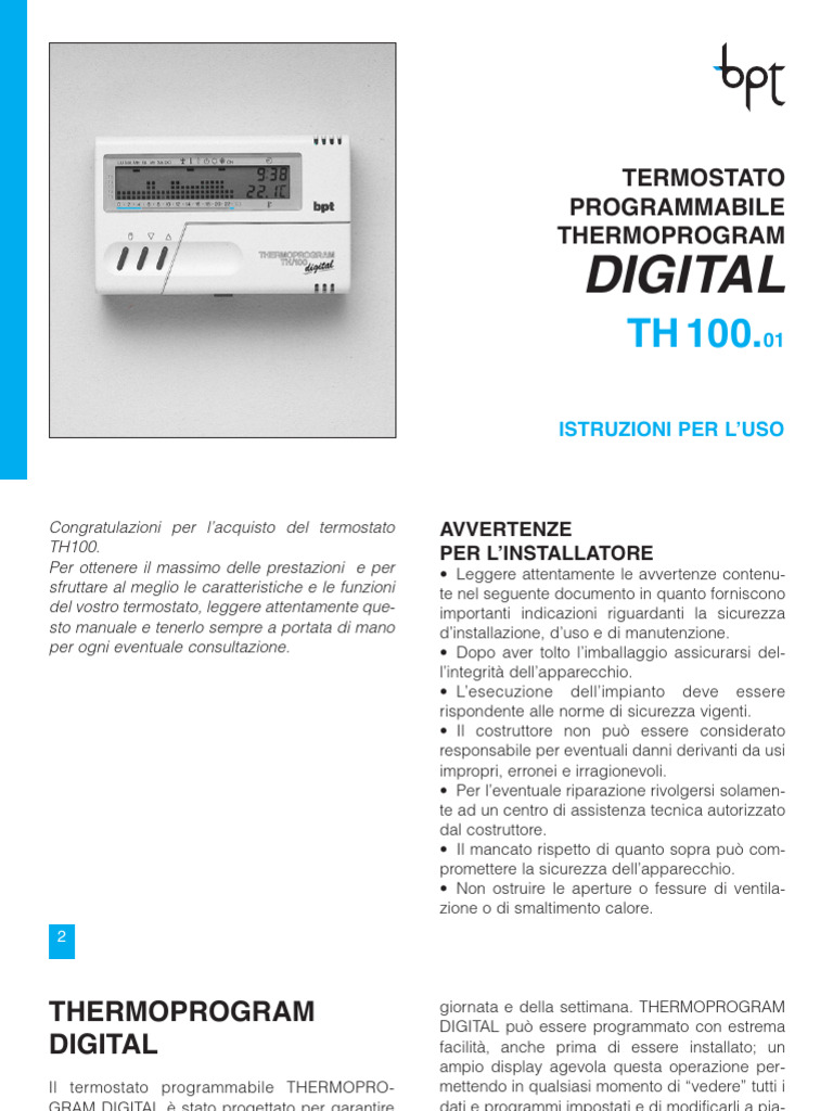 BPT Istruzioni Uso Termostatato TH 100 | PDF