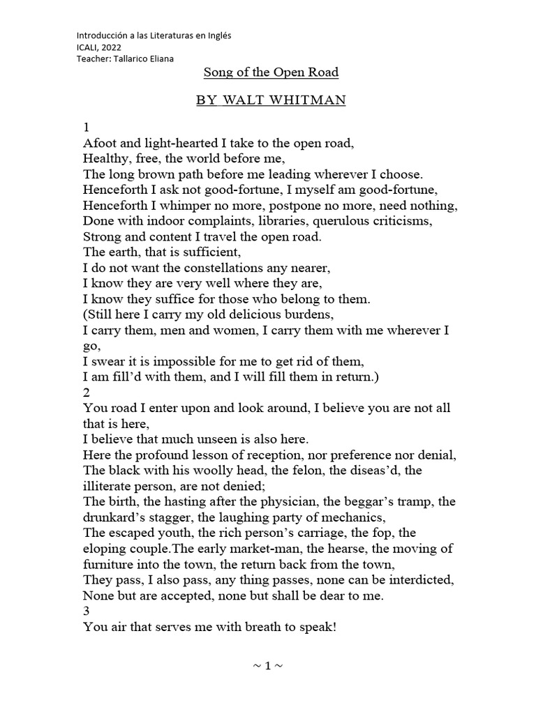 Song of the open road withman pdf