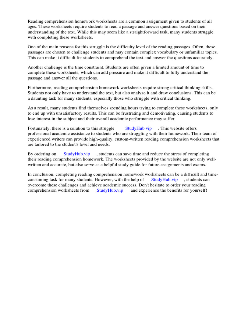 Reading Comprehension Homework Worksheets | Download Free PDF | Reading