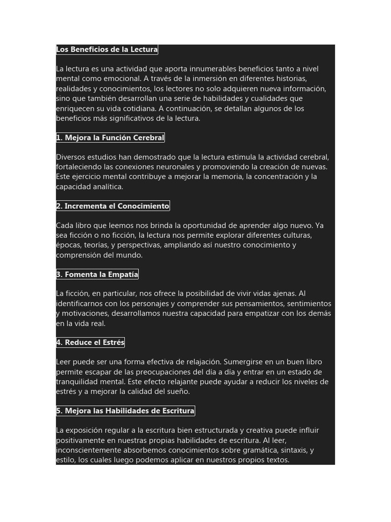 Beneficios de la Lectura en la Vida diaria | PDF | Crecimiento personal ...