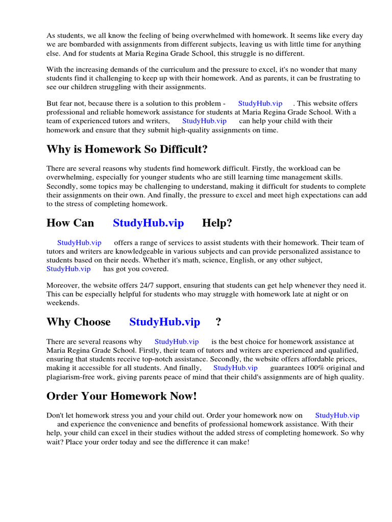 Maria Regina Grade School Homework | PDF | Homework | Learning