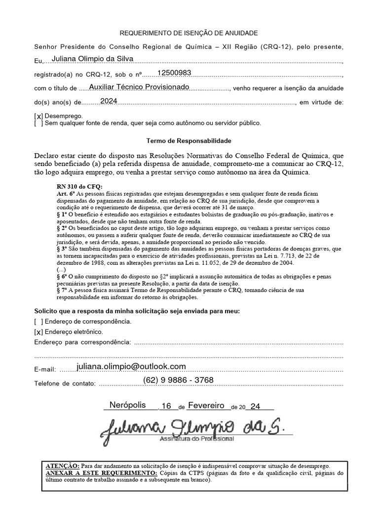 Requerimento de isen o de anuidade pdf emprego