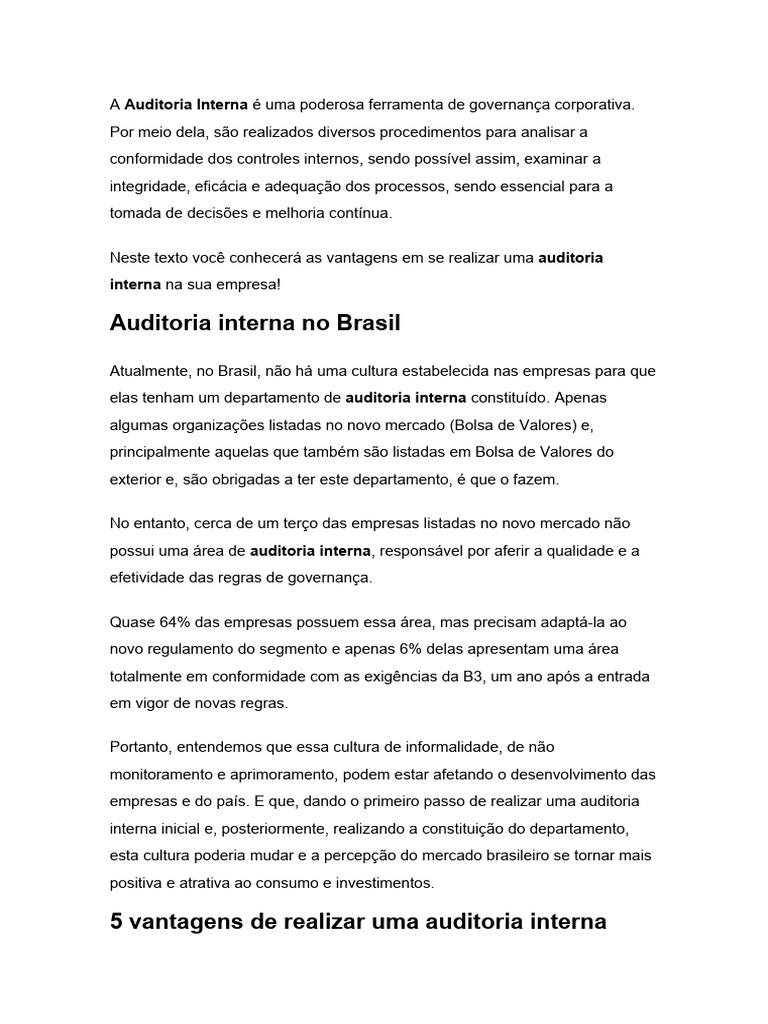 Vantagens da Auditoria Interna para Empresas | PDF | Auditoria interna ...