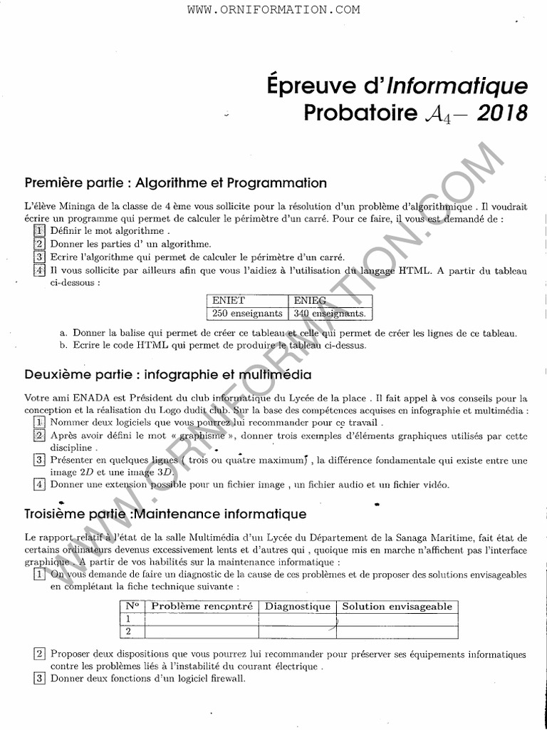 Orniformation Épreuve Informatique Session+2018 | PDF