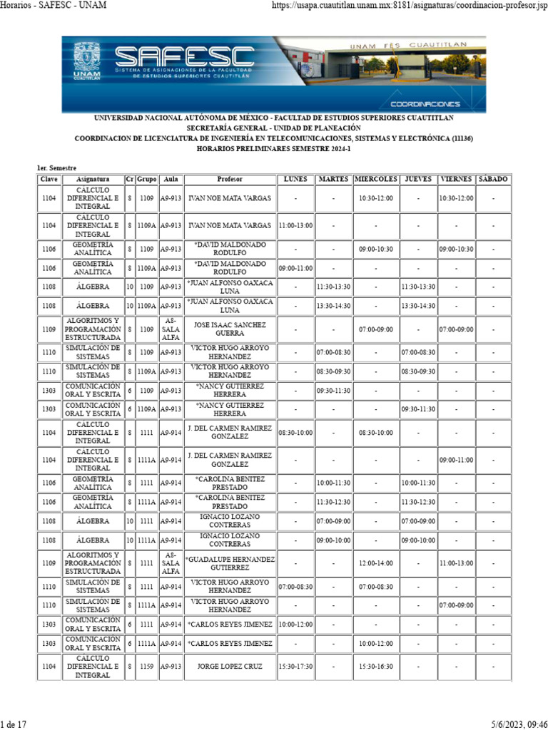 Horarios ITSE 20241 PDF Mecanica clasica Mecánica