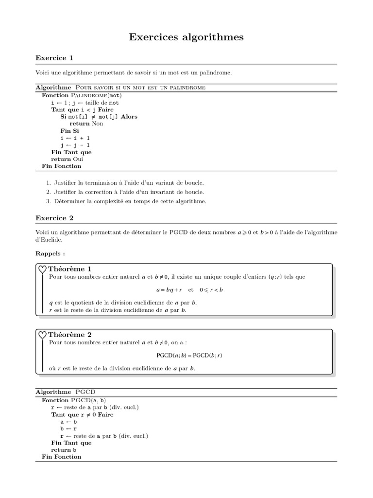 Exercices sur les algorithmes fondamentaux | PDF | Mathématiques ...