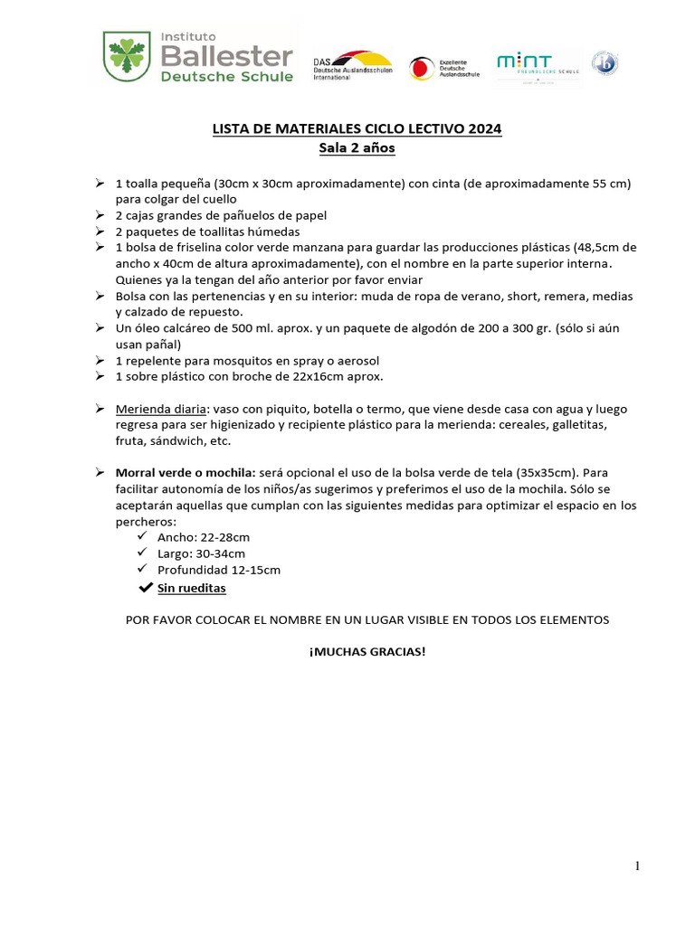 Lista de Materiales Sala 2 Anos 2024 KGVA | PDF