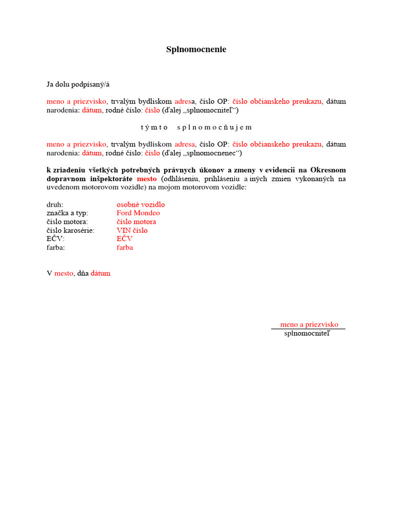 Splnomocnenie Na Všetky Potrebné Úkony Na Dopravnom Inšpektoráte | PDF