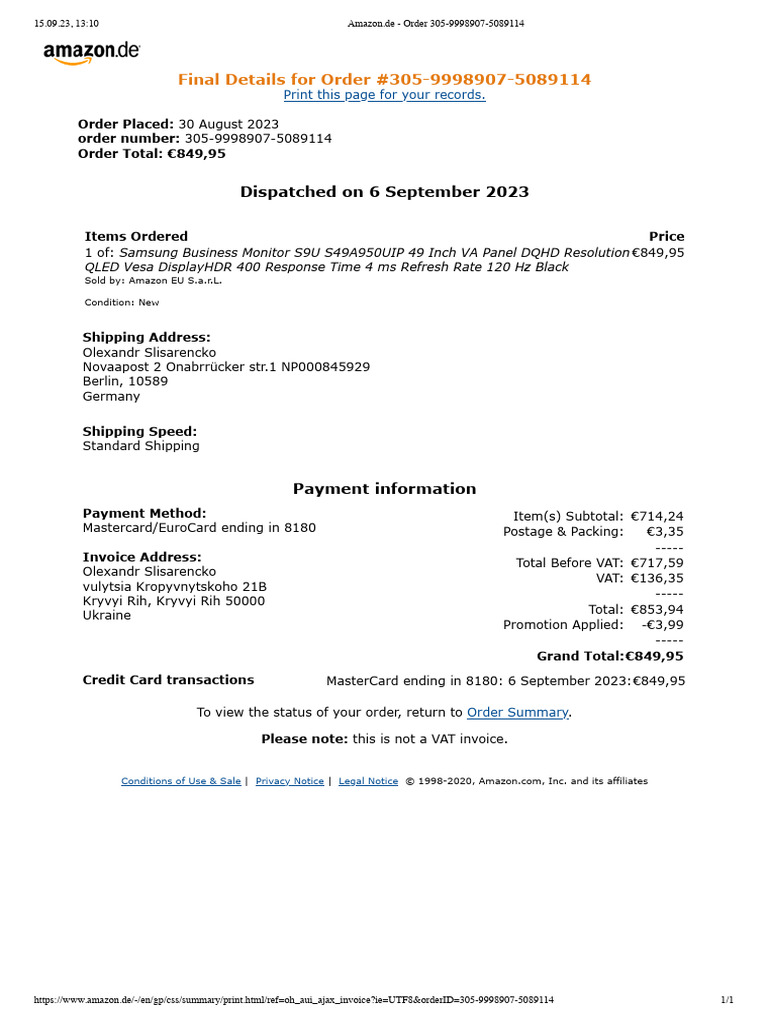 Amazon Order Summary for Samsung Monitor | PDF | Invoice | Payments