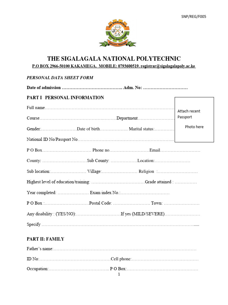 Students Personal Details Form PDF