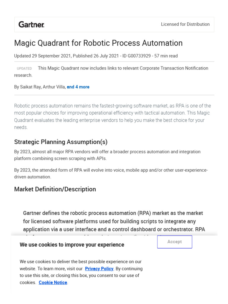 Magic Quadrant For Robotic Process Automation PDF Cloud Computing