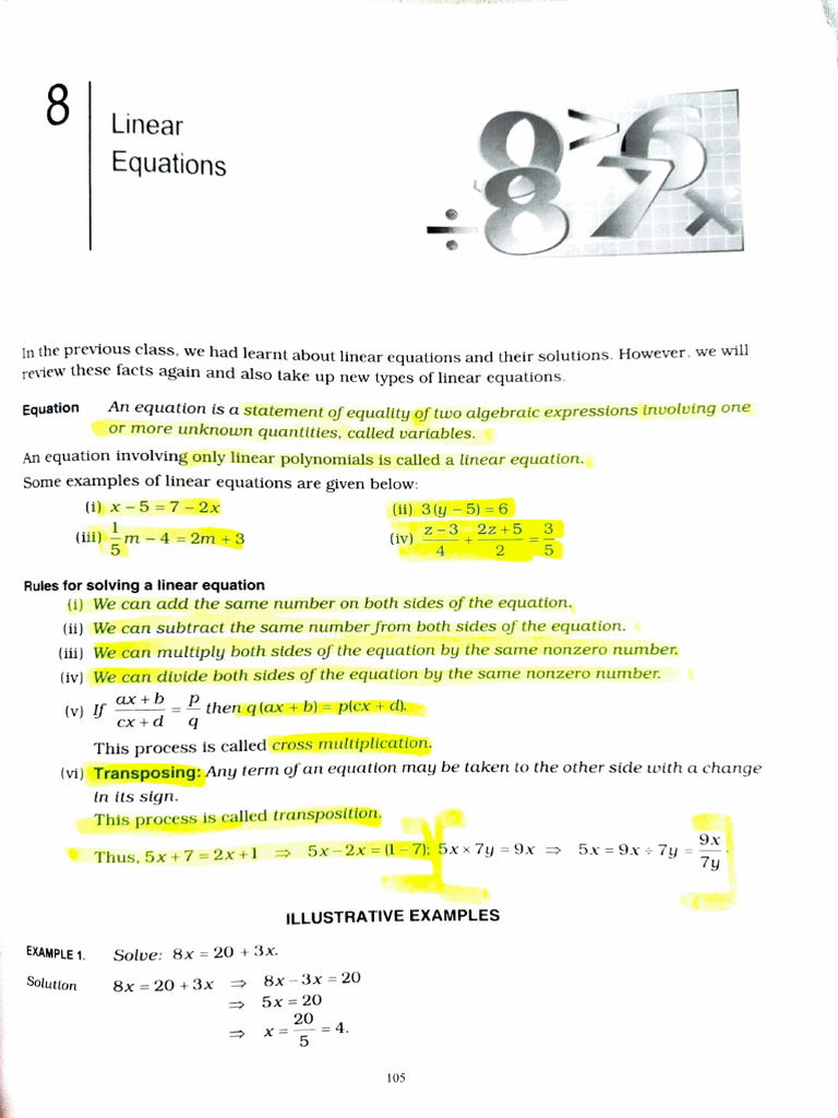 Linear Equation Class 8 RS Aggarwal | Download Free PDF | Equations ...