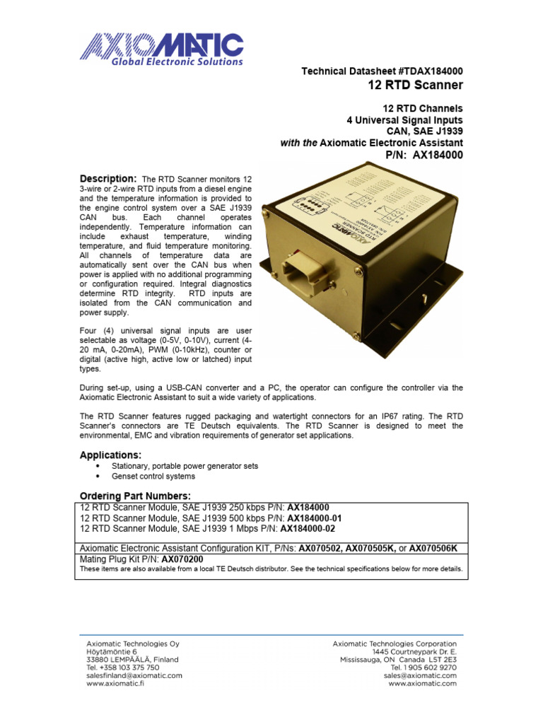 Axiomatix TDAX184000 - J1939 RTD Scanner | PDF | Electrical Connector ...
