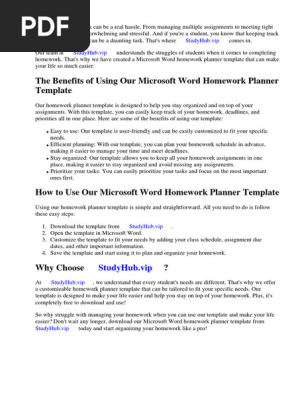 Microsoft Word Homework Planner Template
