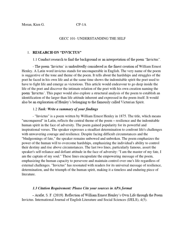 The Main Themes Are Self Reference: Understanding Invictus Themes Self Pdf Existentialism