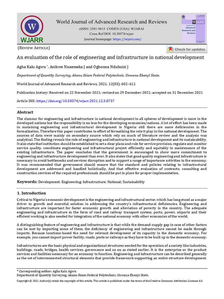 An Evaluation of The Role of Engineering and Infra | PDF ...