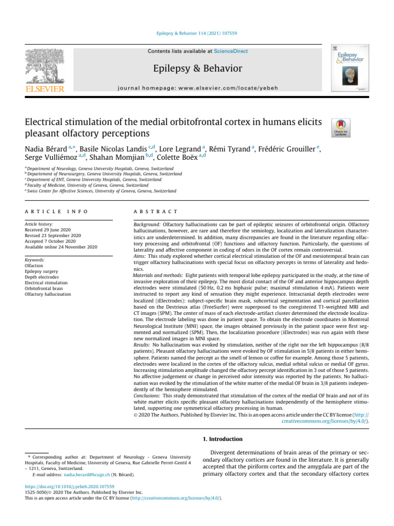 Medial Orbitofrontal Cortex Stimulation and Olfactory Perception | PDF ...