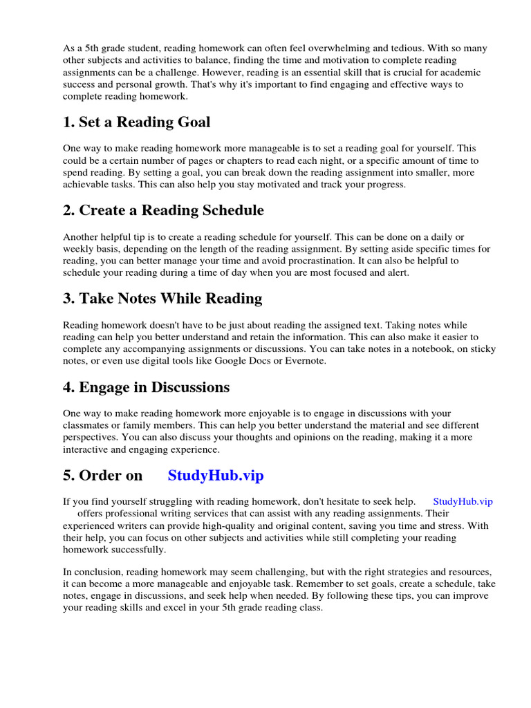 Reading Homework Ideas for 5th Grade | PDF | Reading Comprehension