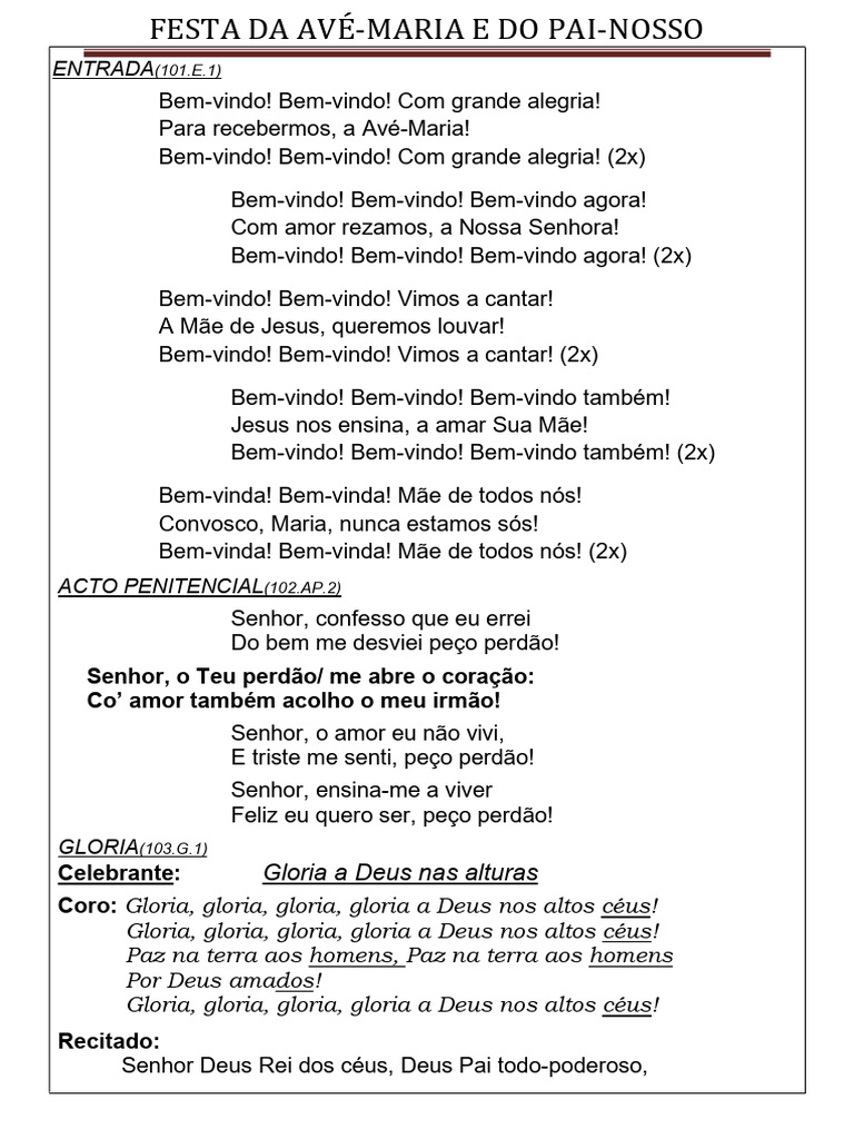 Canticos Festa Ave Maria E Pai Nosso 2014 Pdf Eucaristia Oração