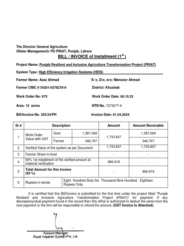 PRIAT Project Invoice for Installment 1 | PDF | Payments