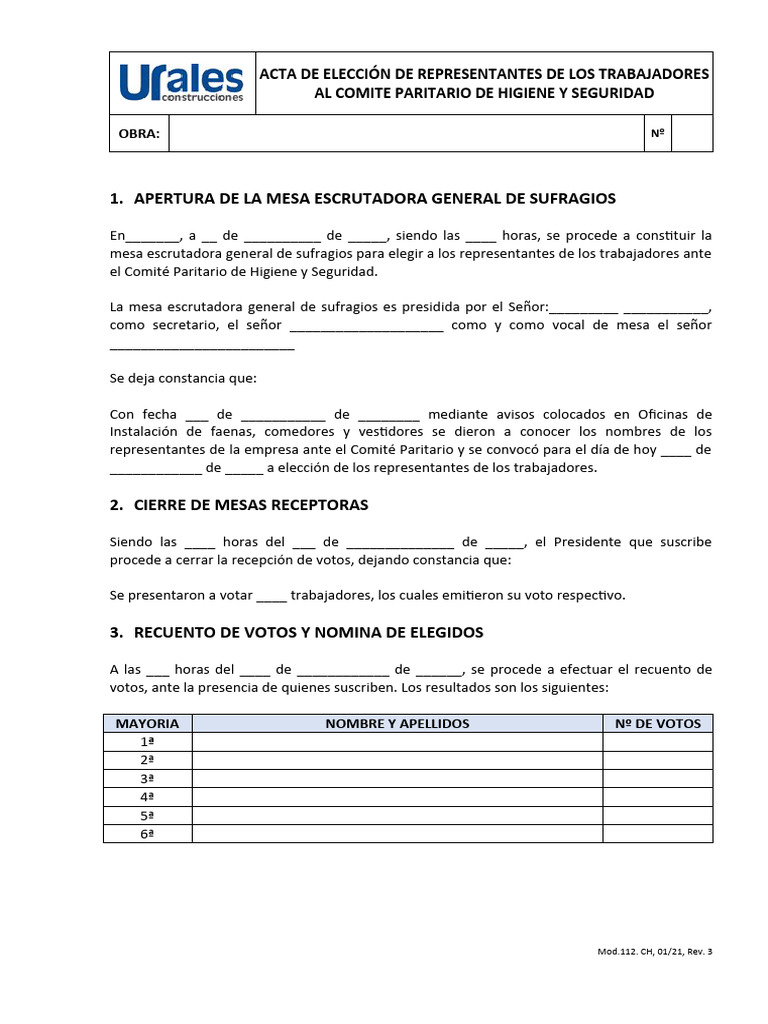 Acta de Eleccion Representantes (CPHS) (Mod. 112. CH), Rev 3 | PDF ...