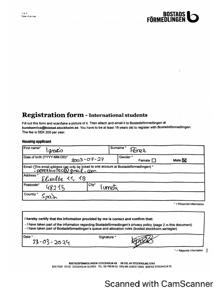 Registration Form Bostads Förmedlingen - Ignacio Pérez Muñoz | PDF