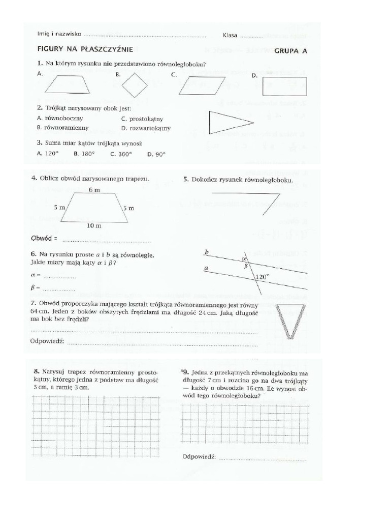 Sprawdzian Matematyka Kąty Klasa 5 | PDF