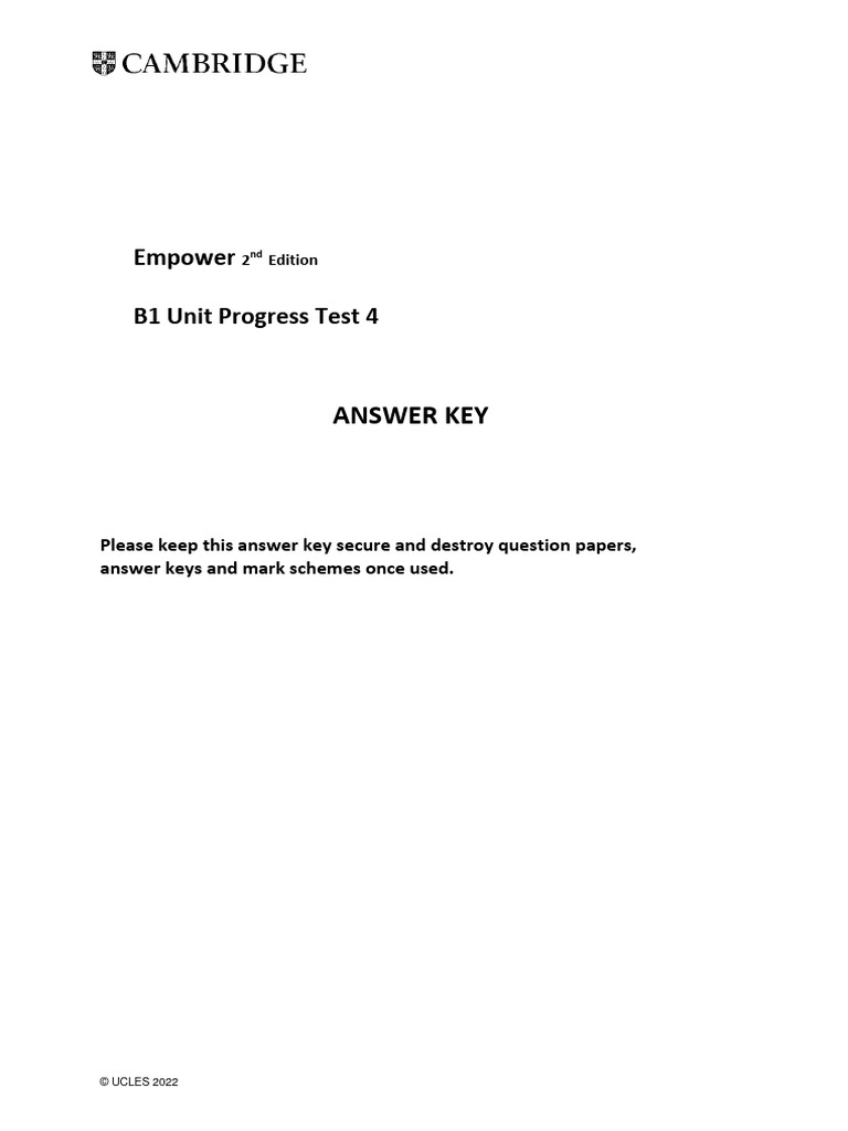 Empower Second Edition B1 Unit Progress Test 4 Answer Key - Version A | PDF