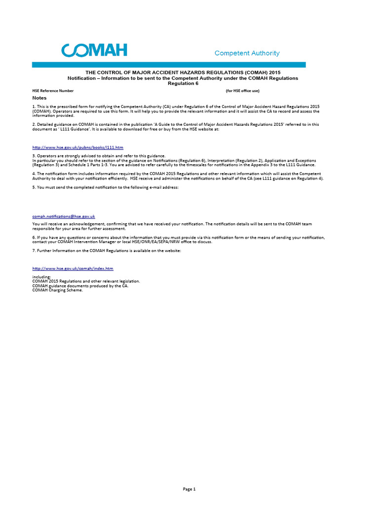 COMAH 2015 Notification Form Guide | PDF | Chlorine | Chemical Substances