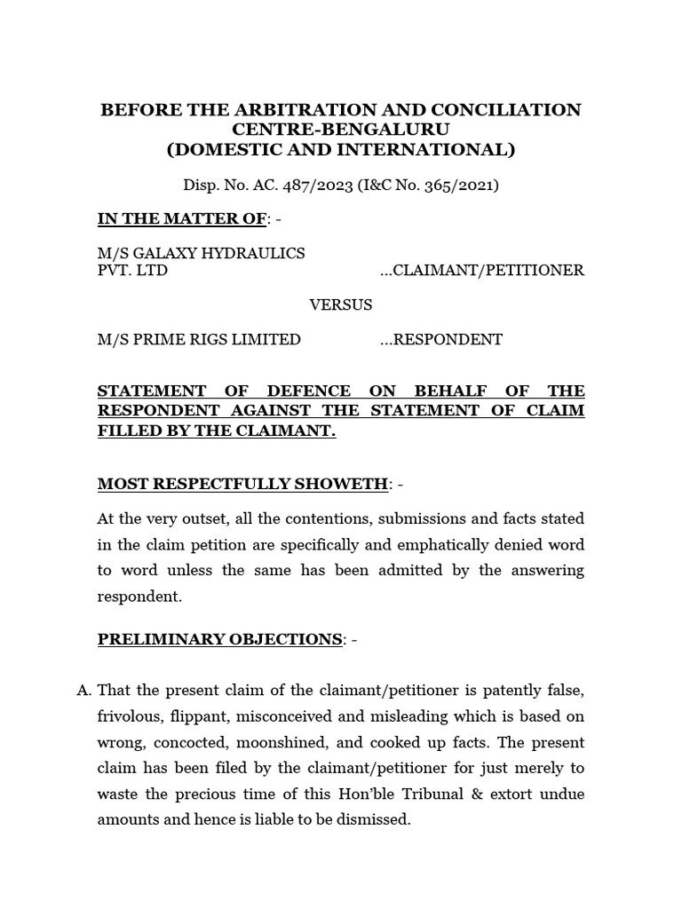 Defence Statement in Arbitration Case | PDF | Affidavit | Cheque
